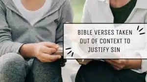 Canva blog graphic - Bible Verses Taken Out of Context title over a picture of 2 people discussing the Bible