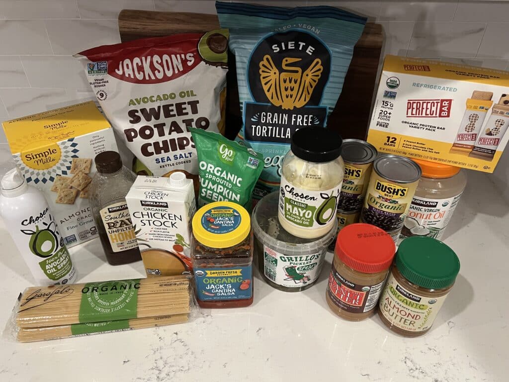 a picture of some of our favorite healthy costco finds on a white quartz countertop