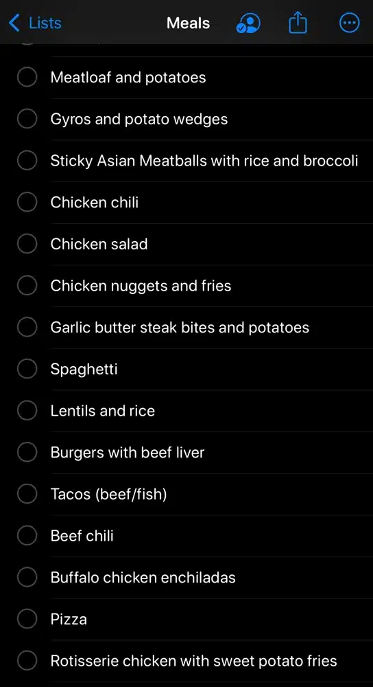 screenshot of our meal list on smartphone - large family meal planning