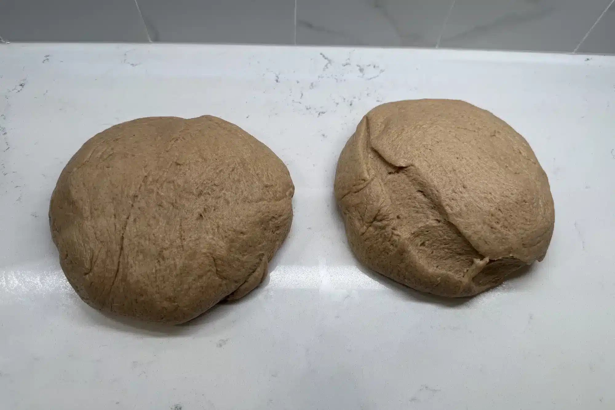 Sourdough sandwich bread dough divided into 2 equal pieces