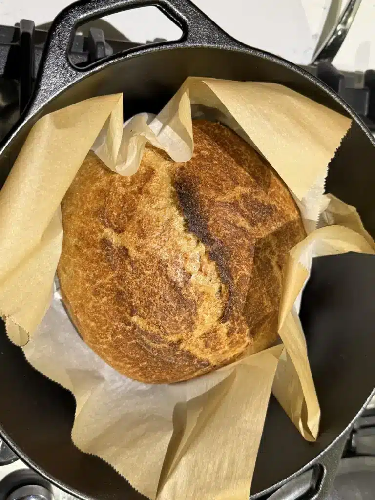baked sourdough in dutch oven