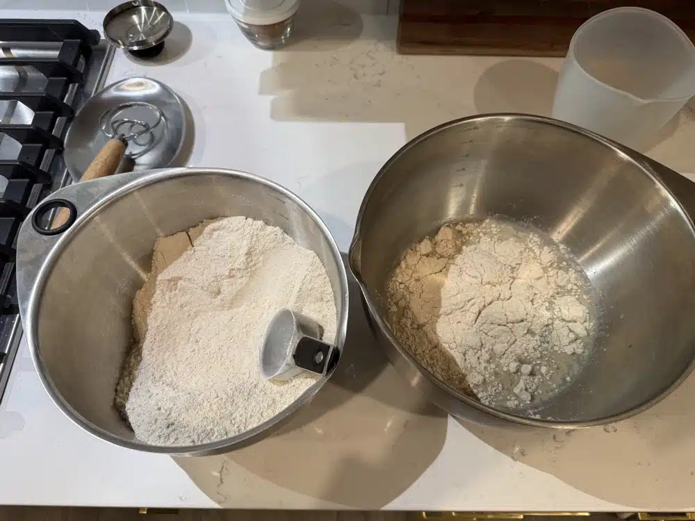 fresh milled flour and water in mixing bowls